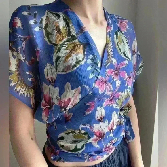 Zara Women’s Floral Blue Sheer Wrap Waist Coastal Euro Summer Boho Top XS - Picture 2 of 11